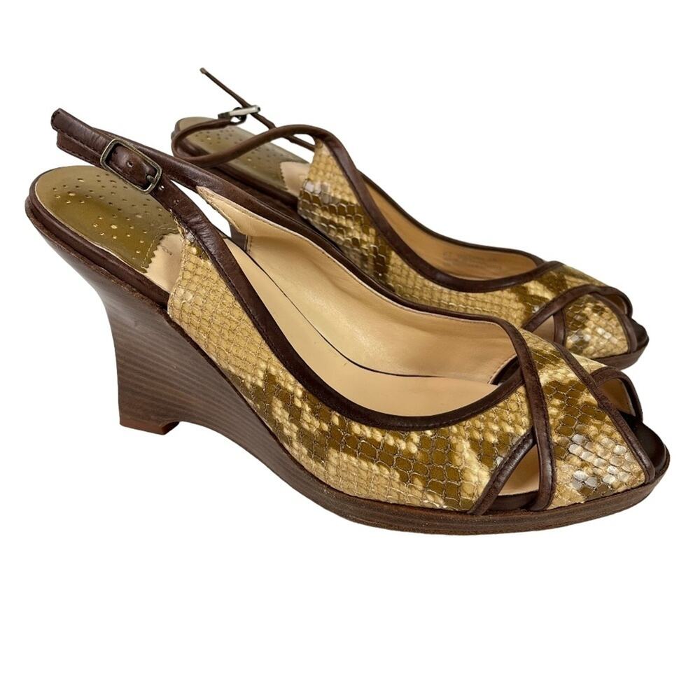 COLE HAAN Genuine Leather Reptile Snakeskin Wedge Slingback Peep Toe Shoes sz 9